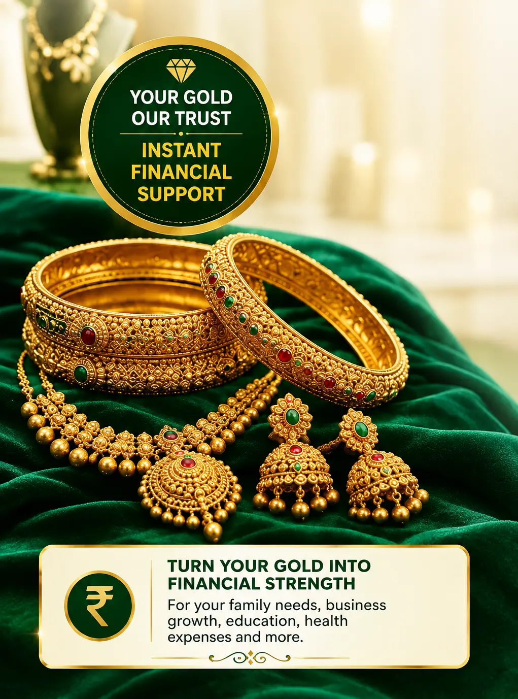 Gold jewellery illustration — bangles, necklace and earrings