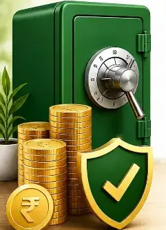 Illustration of a secure safe with gold coins and a protection shield